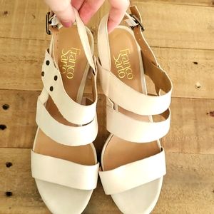 Franco Sarto heels, tan heels, cream heels, wood block heels, nude, spring